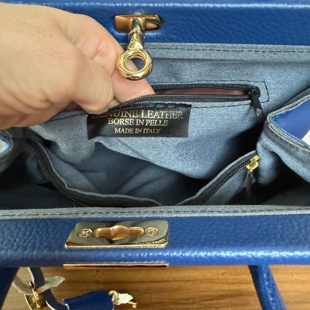Italian Leather Satchel Quiet Luxury Y2K Cobalt‎ Blue Top Handle Crossbody Bag